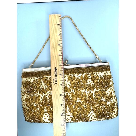 Vintage Gold Beaded Evening Bag w/Mother of Pearl Inlay - Bags By Debbie HK - Picture 7 of 8